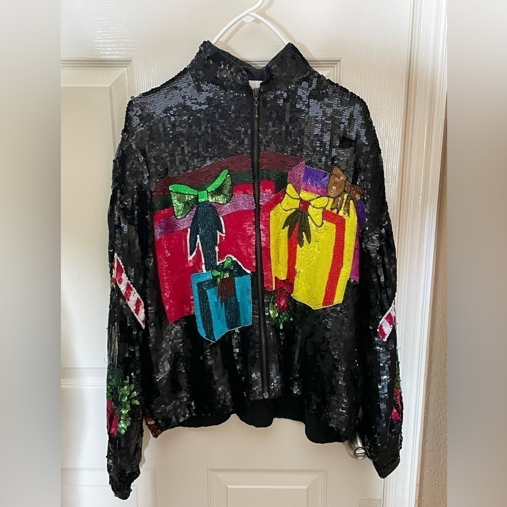 Vintage  Christmas Bomber Jacket Med  Silk Sequined All Over Party‌‌ - Picture 7 of 11